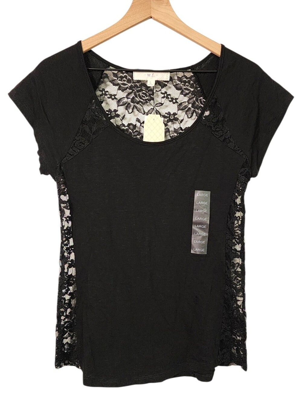 W.F. Womens Large *Runs Small* Lace Cutout Short Sleeve Shirt Black Cotton